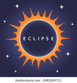 Total solar eclipse with stars banner, poster on blue background. Vector illustration