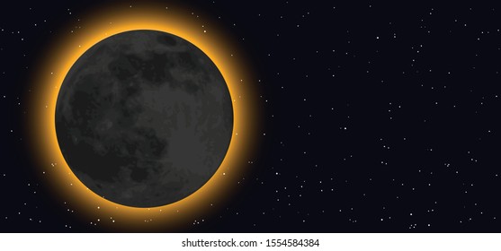 Total solar eclipse of the sun. Night starry sky. Half, full waxing moon Equinox planet Earth day. Crescent gibbous means. Vector moonlight, evening astrology symbol or icon Phases solar eclipse.
