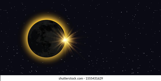 Total solar eclipse of the sun. Night starry sky. Half, full waxing moon Equinox planet Earth day. Crescent gibbous means. Vector moonlight, evening astrology symbol or icon Phases solar eclipse.