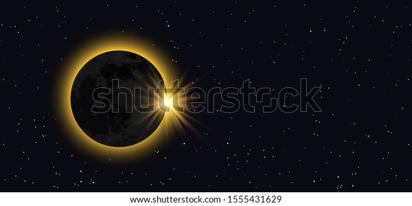 Total solar eclipse of the sun. Night starry
sky. Half, full waxing moon Equinox planet Earth day. Crescent
gibbous means. Vector moonlight, evening astrology symbol or icon
Phases solar eclipse.