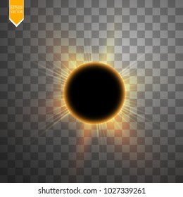 Total solar eclipse vector illustration on transparent background. Full moon shadow sun eclipse with corona,, eps 10.