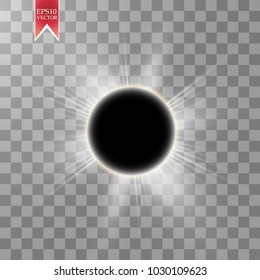 Total solar eclipse vector illustration on transparent background. Full moon shadow sun eclipse with corona,, eps 10.