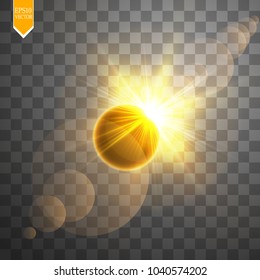Total solar eclipse vector illustration on transparent background. Full moon shadow sun eclipse with corona vector illustration