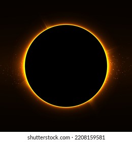 Total solar eclipse. Vector illustration. Light neon light circular frame on black background. Abstract template in cosmic style. Mysterious natural phenomenon the Moon phases between planet Earth 