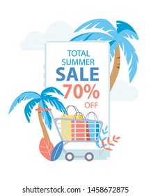 Total Summer Sale Vertical Banner, Shopping Cart Full of Paper Bags and Palm Trees on Cloudy Background with Colorful Leaves. Promo Poster for Summertime Discount Off, Cartoon Flat Vector Illustration