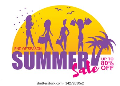 Total Summer Sales to End of Season Promotion Poster. Big Letters and Group with Pretty Women Silhouette Carrying Shopping Bag in Hand. Vector Illustration in Tropical Style with Gulls and Palms