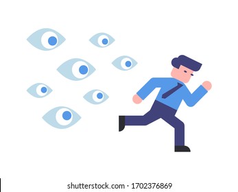 Total surveillance. Quarantine movement control, tracking. Mass secret spying, agents. Security, social pressure metaphor. Businessman run away