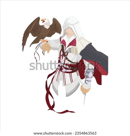 Total vector illustration of assassin creed having his falcon on his hand 