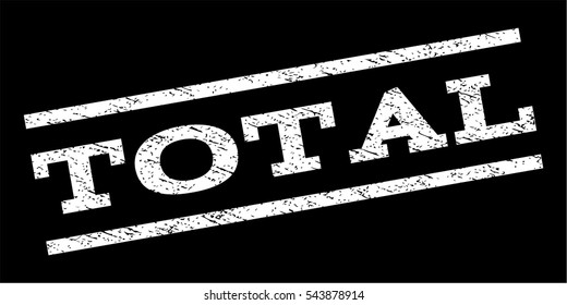 Total watermark stamp. Text tag between parallel lines with grunge design style. Rubber seal stamp with dust texture. Vector white color ink imprint on a black background.