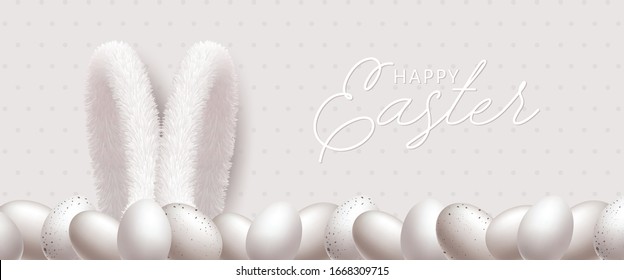 Total White Happy Easter Minimalist Design Concept. Easter Bunny Rabbit Fur Ears in Easter Eggs Decoration with Greeting Text on Polka Dot Background . Vector