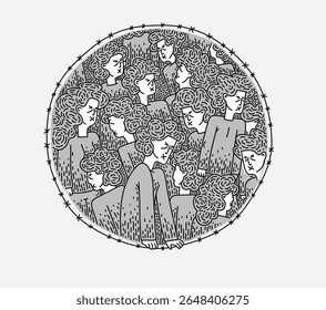 Sociedade totalitária e escravos, ilustração vetorial de pessoas com faces cegas e surdas negativas exibe cultura negativa de matriz totalitária.