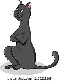 Totally black cat is sitting.