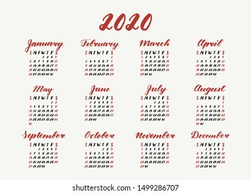 Totally handwritten calendar for 2020 year