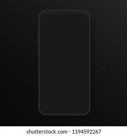 Totally soft realistic black vector smartphone. High quality detailed 3d realistic phone template for inserting any UI interface test or presentation. Floating soft dark mock up with infinite display.