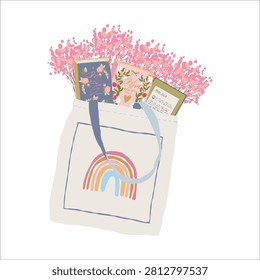 Tote bag with books and flowers. Vector illustration of a book-themed accessory. Book shopping bag. Colorful clipart in a flat, girly style.