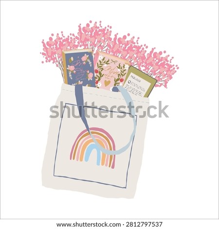 Tote bag with books and flowers. Vector illustration of a book-themed accessory. Book shopping bag. Colorful clipart in a flat, girly style.