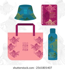 tote bag bucket hat note pad tumbler gold fish design