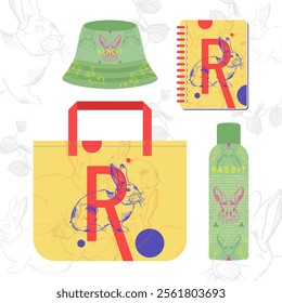 tote bag bucket hat note pad tumbler rabbit design