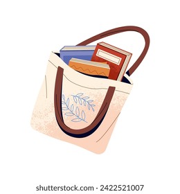 Tote bag for carrying heap of textbooks. Shopper with pile of different paper books. Education literature. Reading and study concept sticker. Flat isolated vector illustration on white background