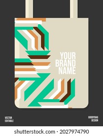 Tote bag with creative pattern, retro shape isolated with dark gray background, print template for fashionable shopping bag. Vector EPS.