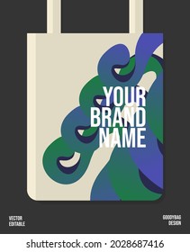 Tote bag with creative pattern, wave shape isolated with dark gray background, print template for fashionable shopping bag. Vector EPS.