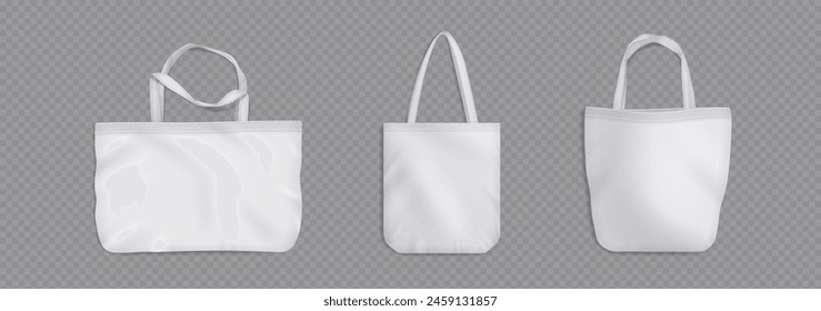 Tote bag of different shape and handle length mockup. Realistic 3d vector illustration set of white cloth canvas eco shopper. Blank fabric cotton or linen reusable shopping grocery handbag template.