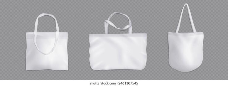 Tote bag of different shape and handle length mockup. Realistic 3d vector illustration set of white cloth canvas eco shopper. Blank fabric cotton or linen reusable shopping grocery handbag template.