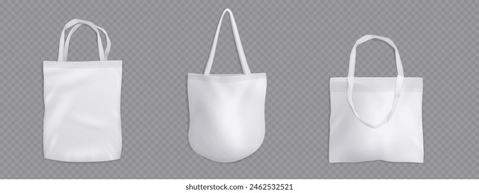 Tote bag of different shape and handle length mockup. Realistic 3d vector illustration set of white cloth canvas eco shopper. Blank fabric cotton or linen reusable shopping grocery handbag template.