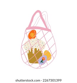 Tote bag with Easter cake and eggs in the style of pop art view from above. Vector illustration.