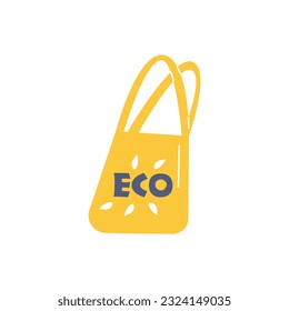 Tote bag with eco inscription, flat vector illustration isolated on white background. Reusable bag for conscious shopping and consumerism. Zero waste lifestyle habits.