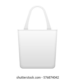 Tote Bag Fabric Or Plastic Eco Handbag. Package White Grayscale. Illustration Isolated On White Background. Mock Up Template Ready For Your Design. Vector EPS10