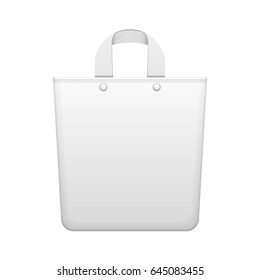 Tote Bag Fabric Or Plastic Eco Handbag. Package White Grayscale. Illustration Isolated On White Background. Mock Up Template Ready For Your Design. Vector EPS10