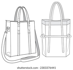 Tote bag flat sketch fashion illustration drawing template mock up, Leather tote bag cad drawing. Carry bag flat sketch vector