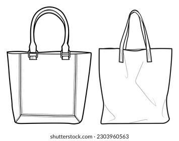 Tote bag flat sketch fashion illustration drawing template mock up, Canvas tote bag cad drawing. Carry bag flat sketch vector