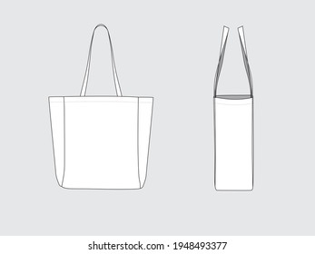 tote bag, front and side, drawing technical flat sketches of garments with vector illustration.