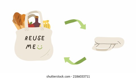 Tote bag full of stuffs and folded portable reusable tote bag with green reuse cycle isolated on white background. Concept of eco friendly bag, no plastic, zero waste. Flat vector illustration.