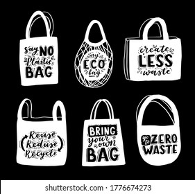 Tote bag with hand drawn lettering. Plastic Free Future and set of produce bags for shopping, storage. Flat style vector illustration for eco store, organic food shop, local market banner, vegan site