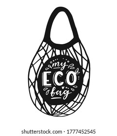 Tote bag with hand drawn lettering. Plastic Free Future and set of produce bags for shopping, storage. Flat style vector illustration for eco store, organic food shop, local market banner, vegan site