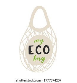 Tote bag with hand drawn lettering. Plastic Free Future and set of produce bags for shopping, storage. Flat style vector illustration for eco store, organic food shop, local market banner, vegan site