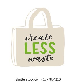 Tote Tasche mit handgezeichneter Schrift. Plastic Free Future und Set von Produktsäcken zum Einkaufen, Lagern. Flaches Vektorgrafik für Öko-Laden, Bio-Lebensmittelgeschäft, lokaler Marktbanner, Veganstandort