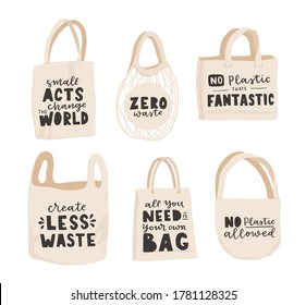 Tote bag with hand drawn lettering. Plastic Free Future and set of produce bags for shopping, storage. Flat style vector illustration for eco store, organic food shop, local market banner, vegan site