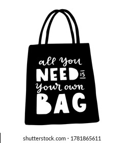 Tote bag with hand drawn lettering. Plastic Free Future and set of produce bags for shopping, storage. Flat style vector illustration for eco store, organic food shop, local market banner, vegan site