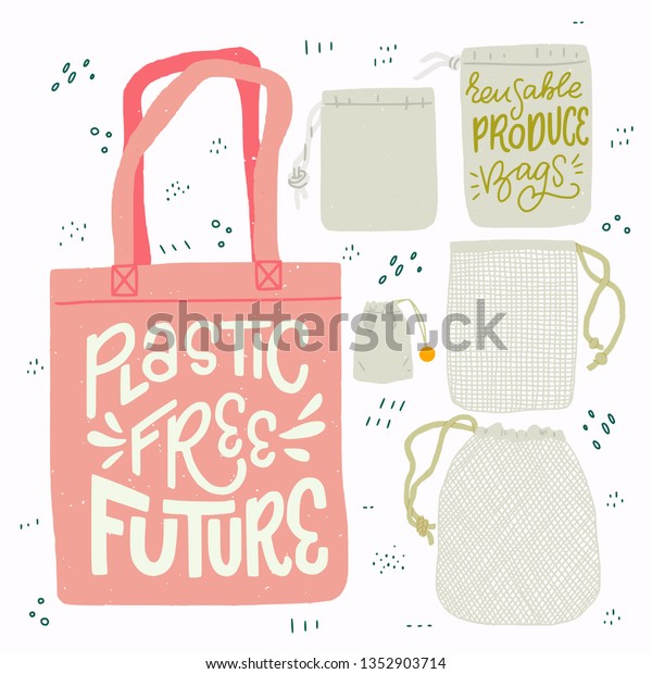 Tote bag with hand drawn lettering Plastic Free\
Future and set of produce bags for shopping, storage. Flat style\
vector illustration for eco store, organic food shop, local market\
banner, vegan site