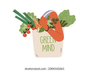 Bolsa de té en la mano, productos verdes de comestibles, comida orgánica, verduras saludables. Compras en el mercado local, basura cero, concepto de estilo de vida vegetariano ecológico. Ilustración vectorial plana aislada en fondo blanco