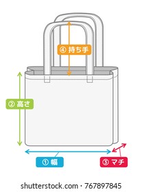 tote bag illustration for size chart (japanese) / color version.
kitake - length, mihaba - width etc.