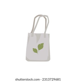 Tote bag with leaves drawing, flat vector illustration isolated on white background. Eco friendly shopping bag. Zero waste lifestyle. Fabric cotton bag for grocery shopping.