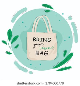 Tote bag with lettering. Go green concept. Flat style vector illustration for eco store, organic food shop, local market banner, vegan site