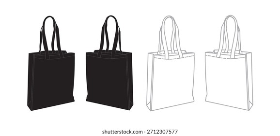 Tote Bag Mock up. Tote bag front, side and perspective view, cad fashion sketch, technical flat design