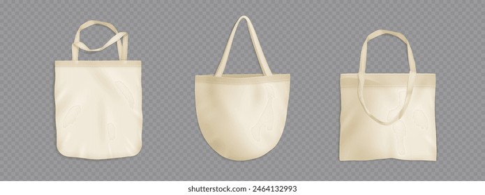 Tote bag mockups set isolated on transparent background. Vector realistic illustration of white fabric eco shoppers with handles, reusable square and round cloth handbags with blank space for branding