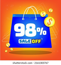 Tote bag with print promotion for sales, 98% off. Vector tags and icons with orange background